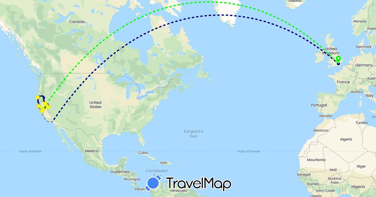 TravelMap itinerary: driving, plane, outbout plane, return plane in United Kingdom, United States (Europe, North America)